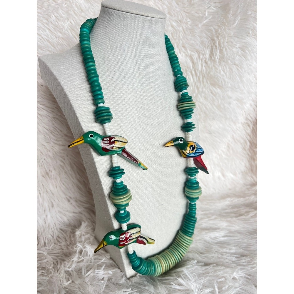Vintage Bird Necklace Wood Green‎ Colorful Tropical Resortwear Whimiscal Artsy